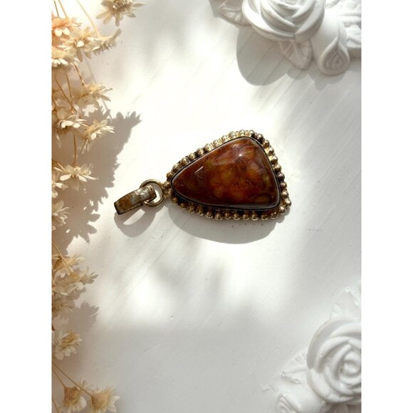 Botswana Agate Triangular Sterling Silver 925 Bead Framed Vintage Pendant - Picture 2 of 10